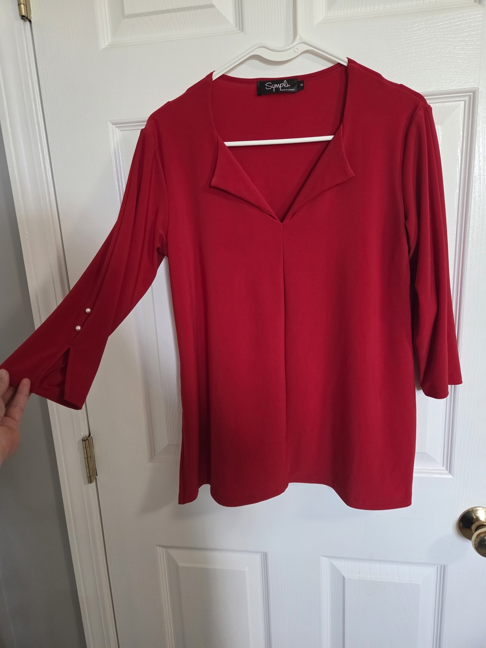 Sympli Red V-Neck Split-Sleeve Women's Top